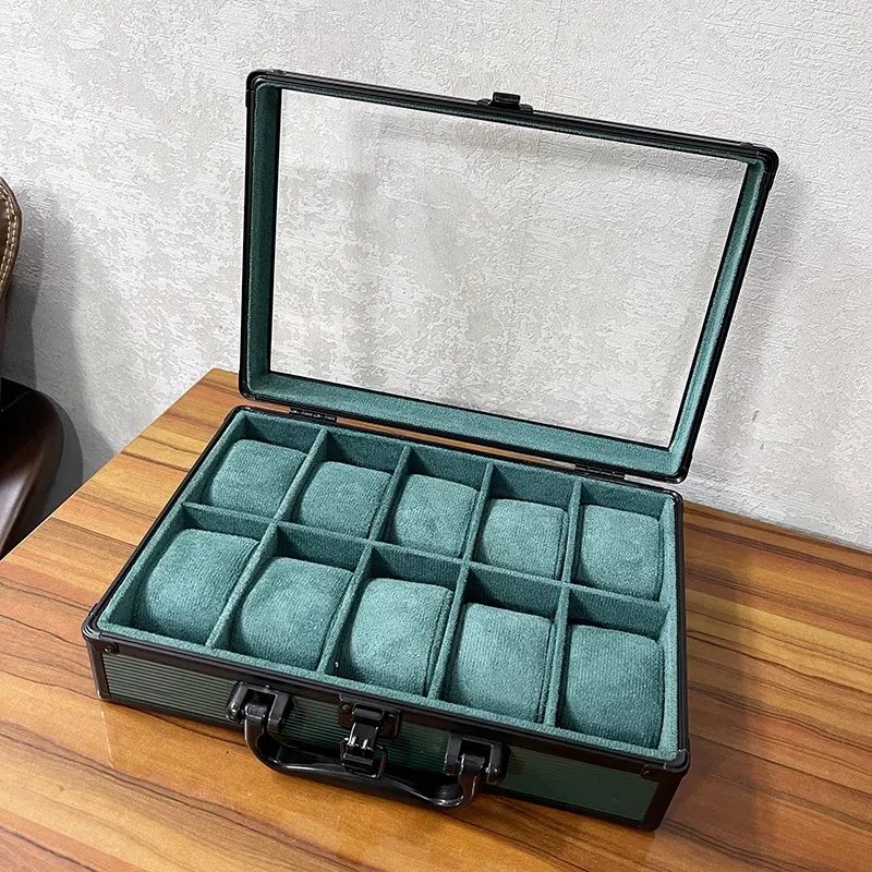 10 Slots Dark Green High Materials Top Glass Window Watch Organizer